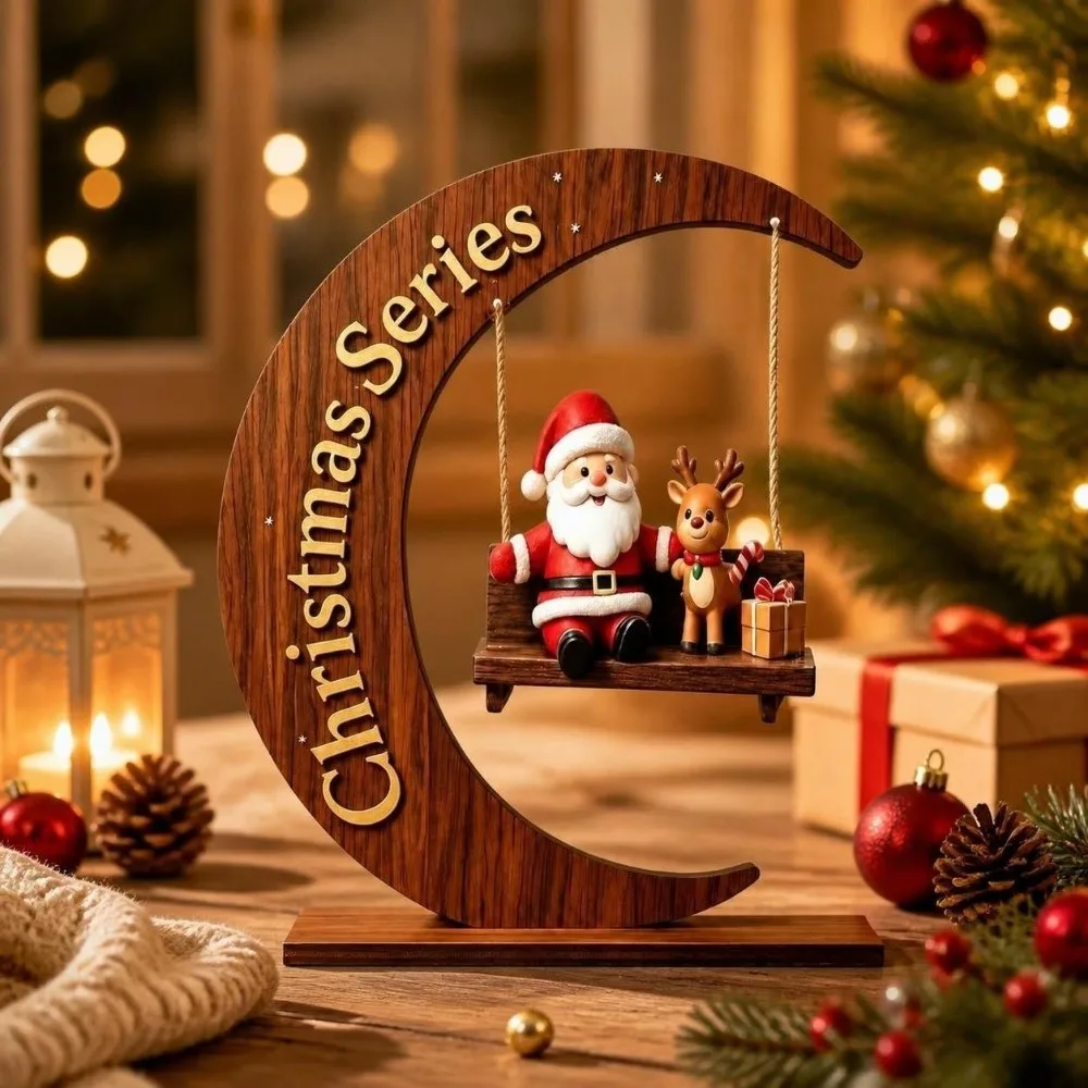 Gift Wooden Christmas Ornaments Deer Flat Swing Santa Claus Decoration Home Decor Moon Shape Christmas Decoration Home Decor