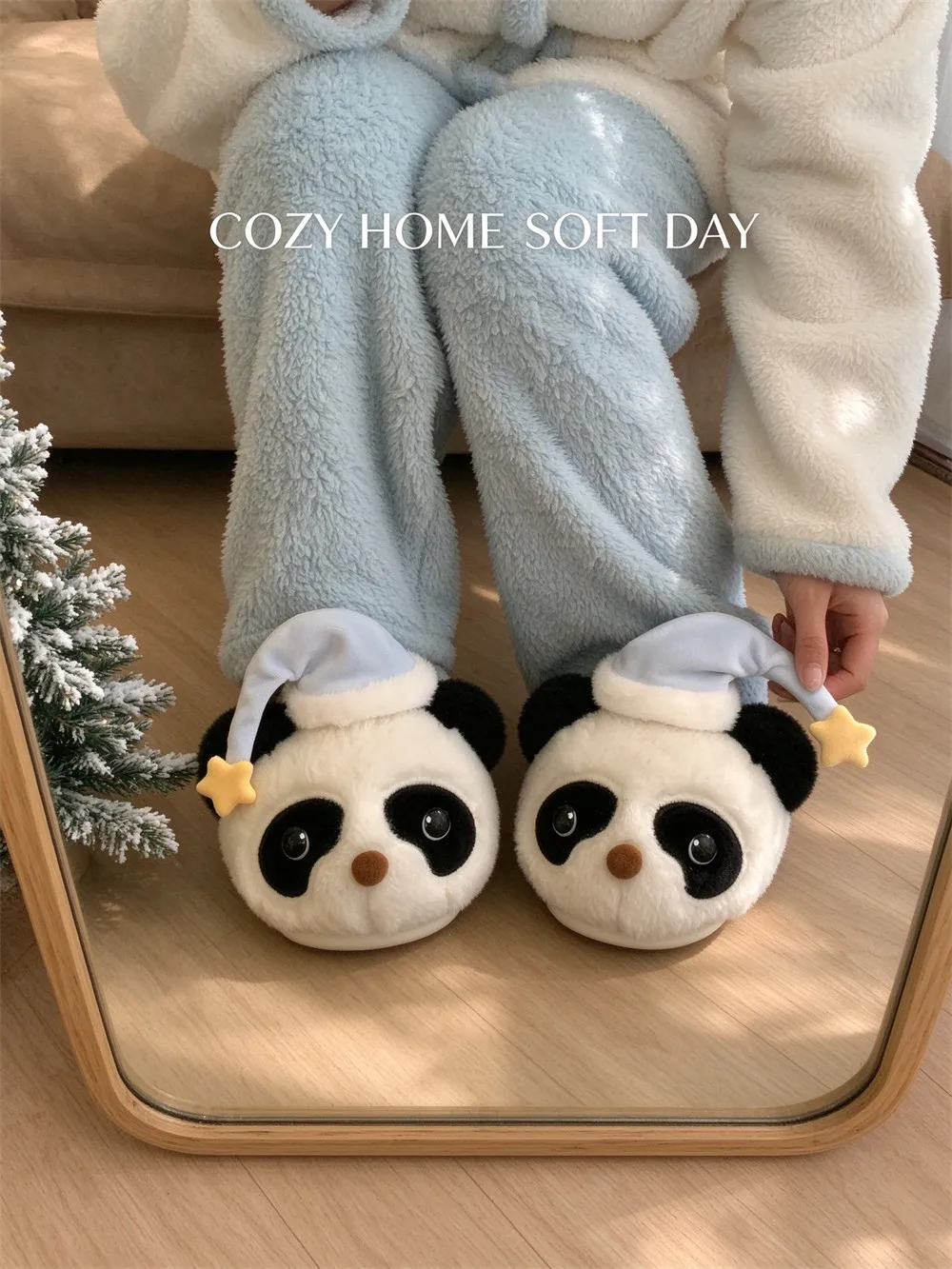 2026 New Cute Panda Home Slippers With Hat Soft Plush Warm Non-slip Indoor Household  Slippers Cozy Fluffy Women Cotton Slippers