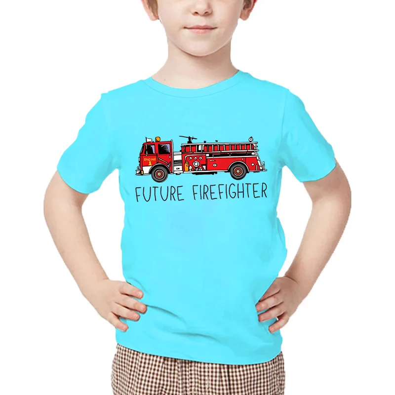 Summer Kids Future Firefighter Printed T-shirt Cartoon Style Casual Boys Tops Shirt Fire Engine Design Girl Children Car Tshirts