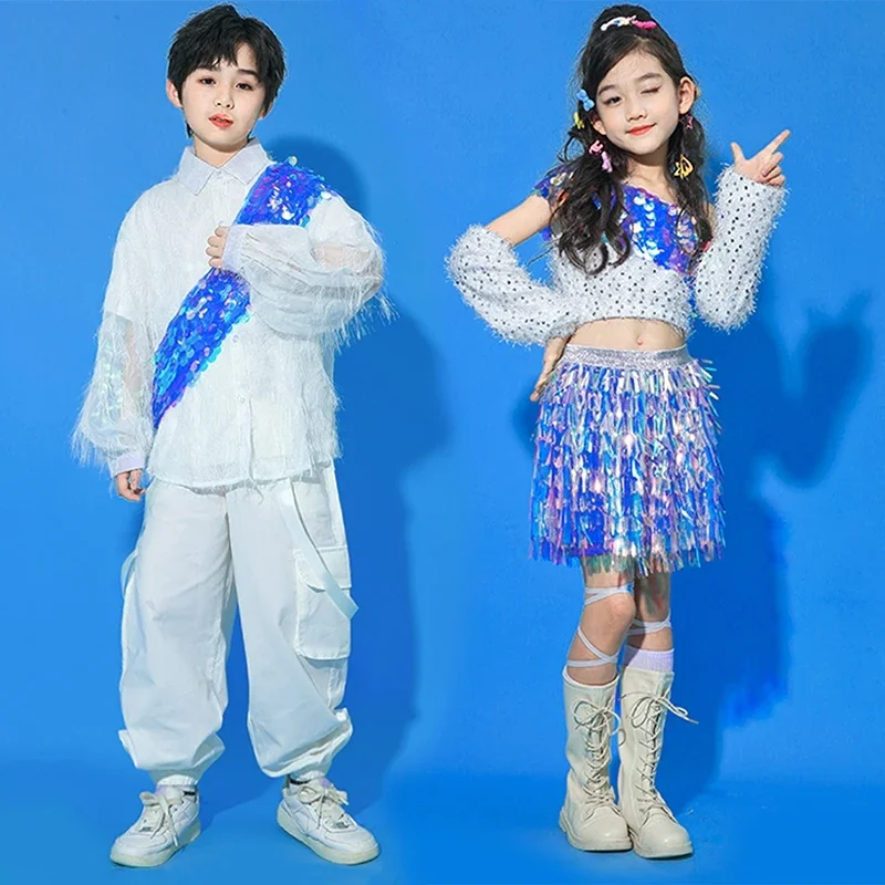 

Sequin Jazz Dance Suit Children Clothing White Shirt Jogger Pants Kpop Girl Costume Stage Show Clothes Kid Street Dancewear