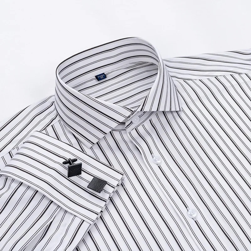 2025 Windsor Collar Slim Fit Modal  New Men\'s French Shirt Long Sleeve Business Dress Cufflink Striped Shirt No Pocket