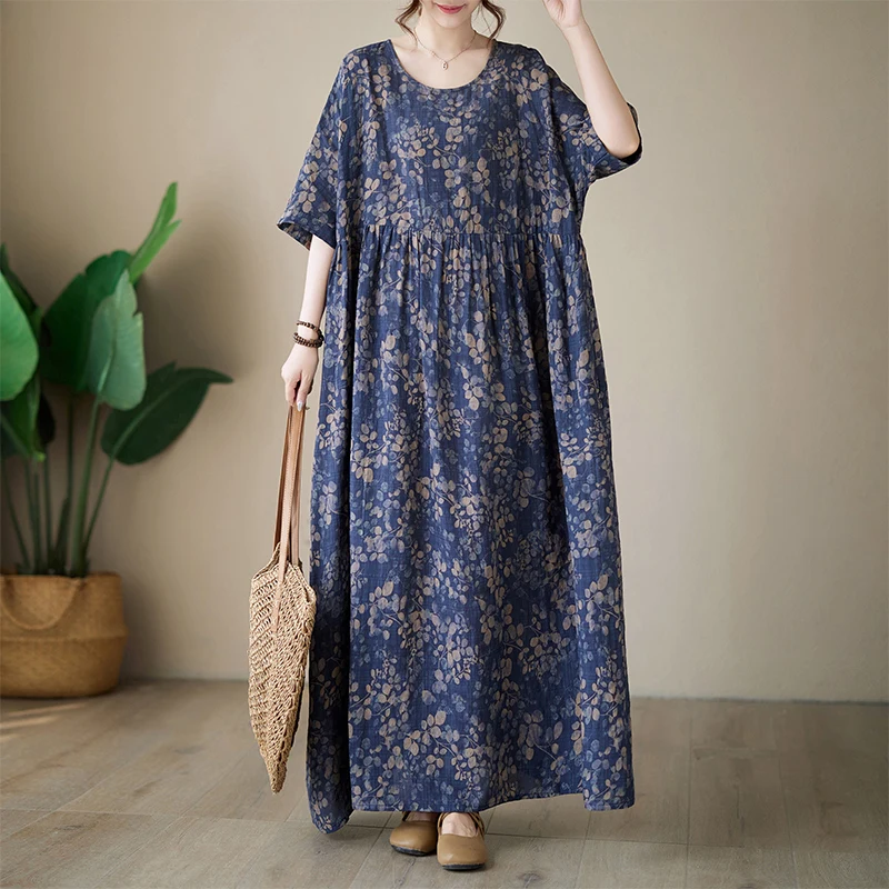 

Summer Women's Bohemian Long Dress round Neck Print Cotton Linen Maxi Skirt Style Commute Style Loose Fit Batwing Sleeve