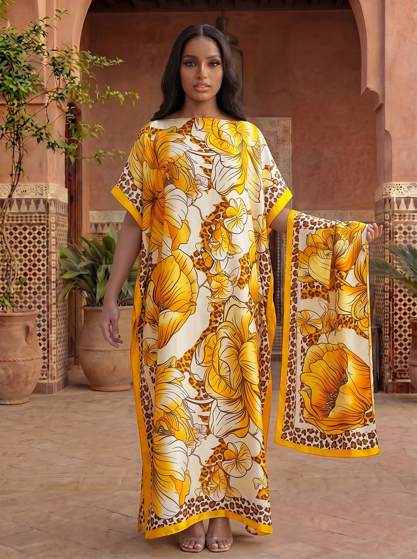 Leopard Border Big Floral Print Satin Abaya With Scarf, Loose Maxi Kaftan For Muslim Women Summer Beach Wear view 6