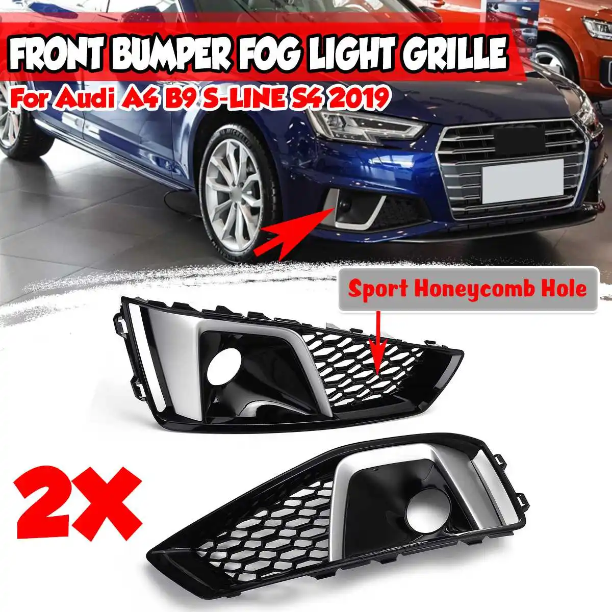 A Pair S-Lines S4 Car Front Bumper Fog Light Lamp Grill Grille Honeycomb For Audi A4 B9 S-LINES S4 2019 8WD807681J 8WD807682J