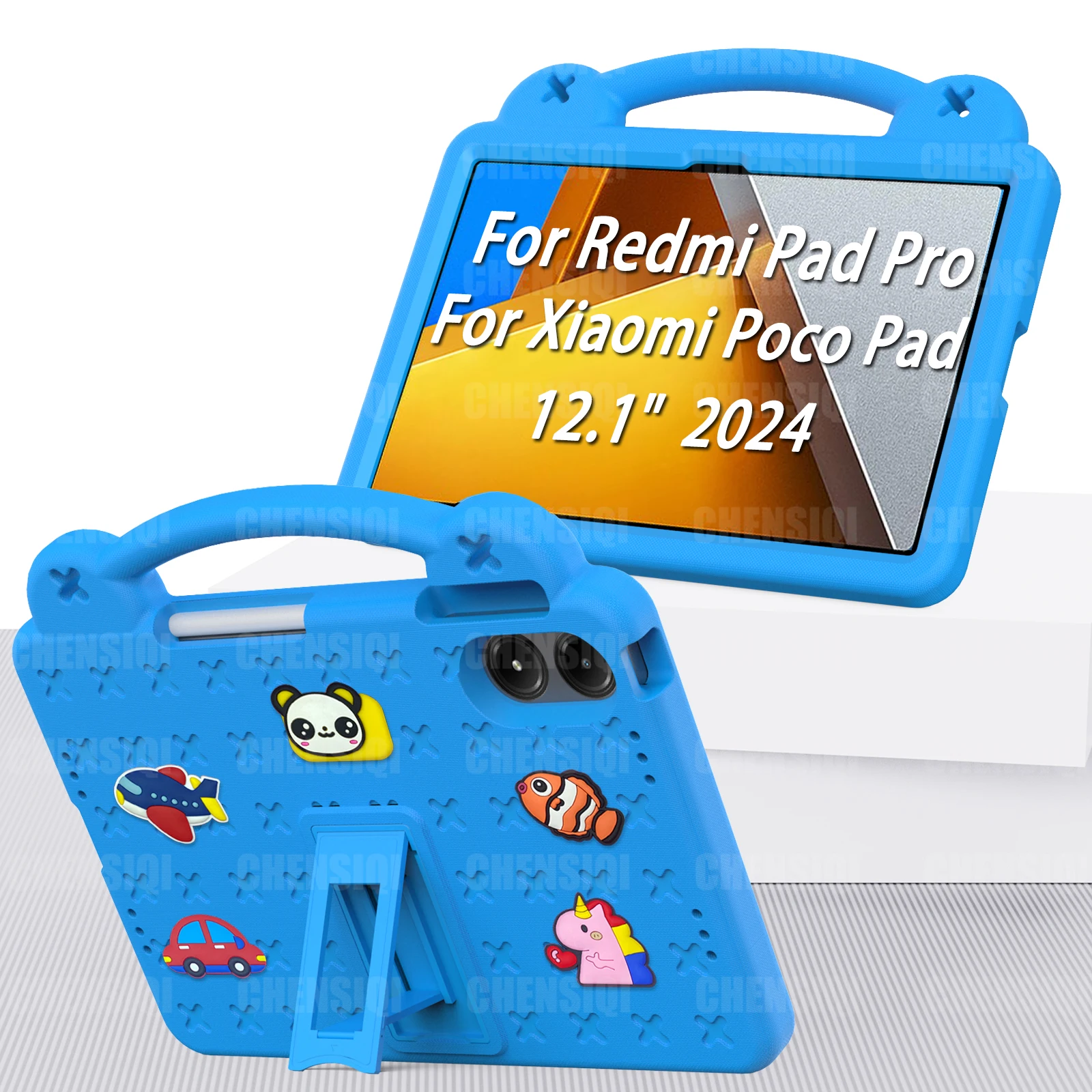 

Kids Case for Xiaomi Poco Pad 12.1 Inch 2024 EVA Shockproof Stand Hand-Held with Pen Holder Protective Cover for Redmi Pad Pro