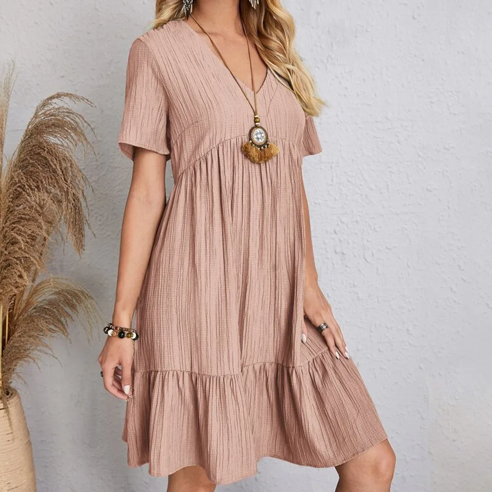 Women Summer Dresses Spring V-Neck Short Sleeve Loose Waist Ruffle Fit Flare Vocation Dresses