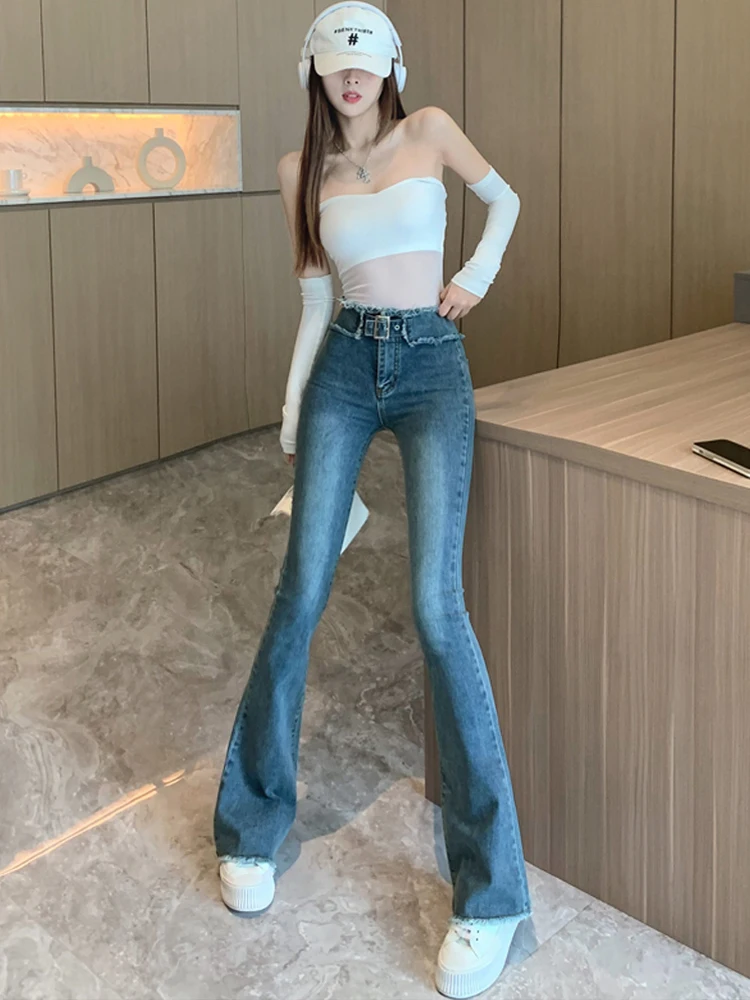 레트로 프린지 마이크로 플레어 진 여성용 가을 하이웨이스트 디자인 감각적인 탄력 있는 타이트 핏 바닥까지 닿는 힙 허깅 팬츠