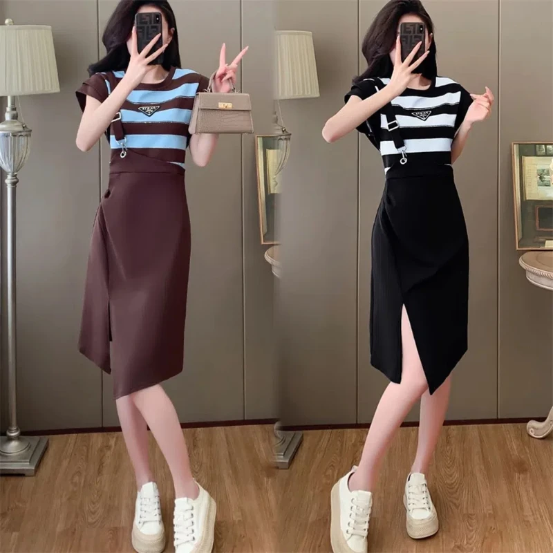 

Fashion Elegant Women's Summer New Spliced Round Neck Striped Epaulet Ruched Split Asymmetric Fake Two Pieces Short Sleeve Dress