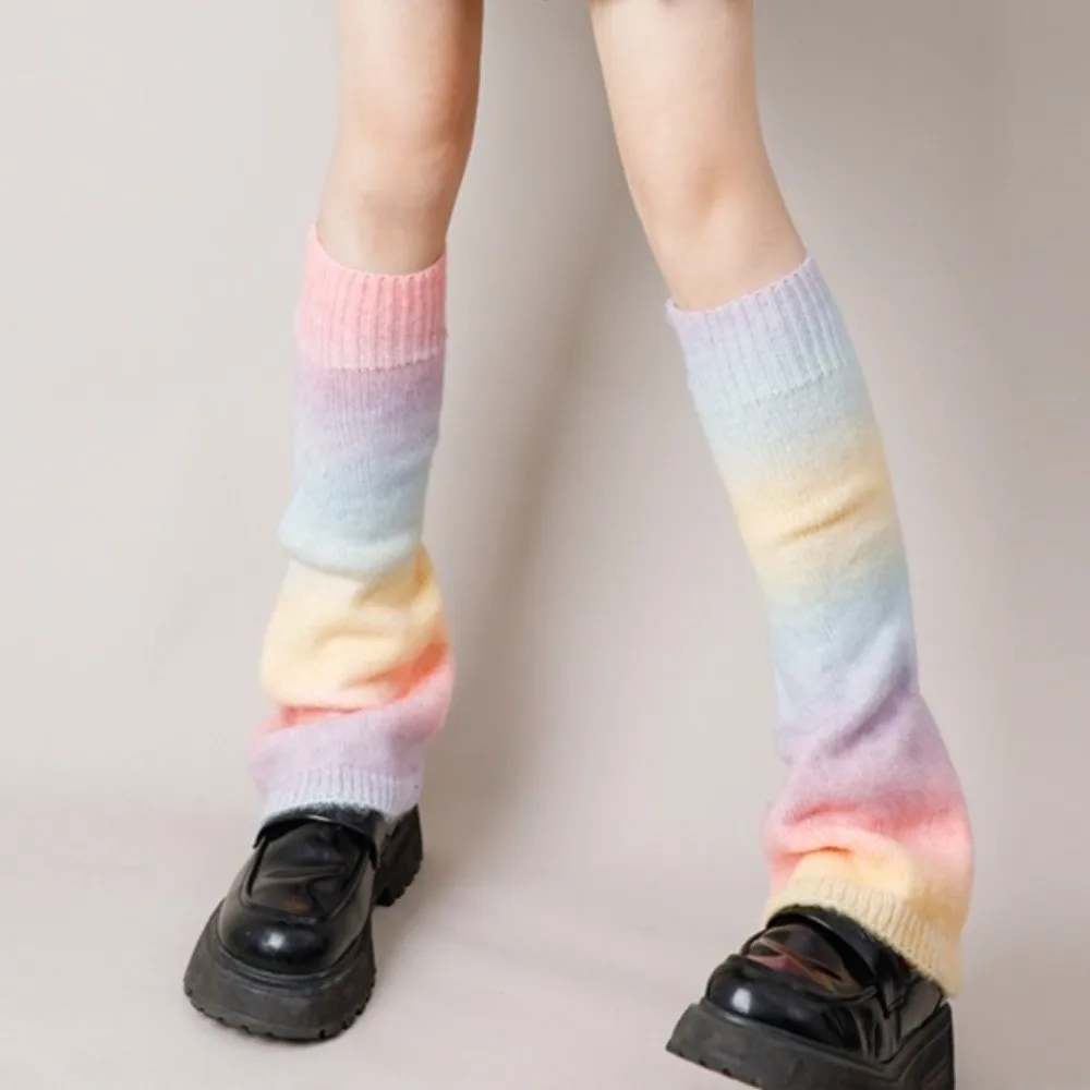 1 pair Y2K Rainbow Gradient Color Leg Warmers Lengthened Warm Knitting Socks Thickened Leg Covers Subculture Fashion