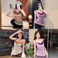 Lace Splice Mesh Sexy Strap Vest Summer with Chest Pad Slimming Inner Wear Pure Desire Purple Top Women's Underwear Tank Top