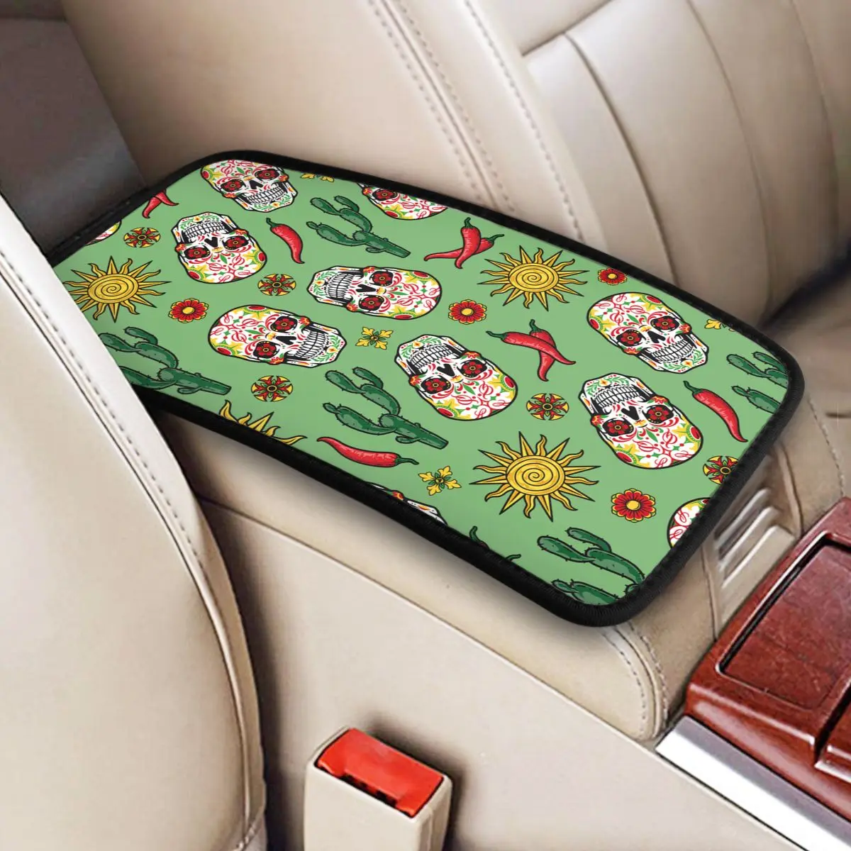 Colorful Vintage Mexican Sugar Skull Center Console Cover Pad for Cars Flowers Eyes Plants Auto Accessories Armrest Cover Mat