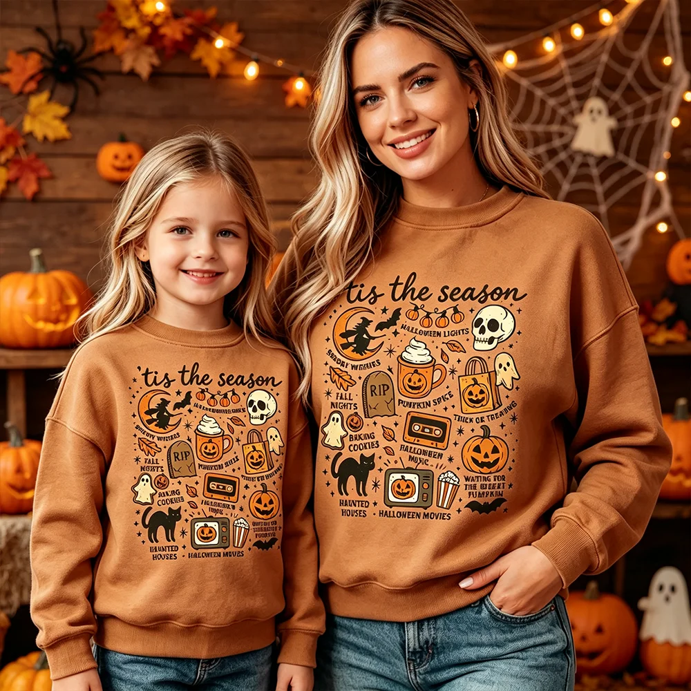 Retro Halloween Autumn Ghost DIY Heat Transfer Printing Stickers Round Neck Hoodie Clothing Party Parent Child Decoration