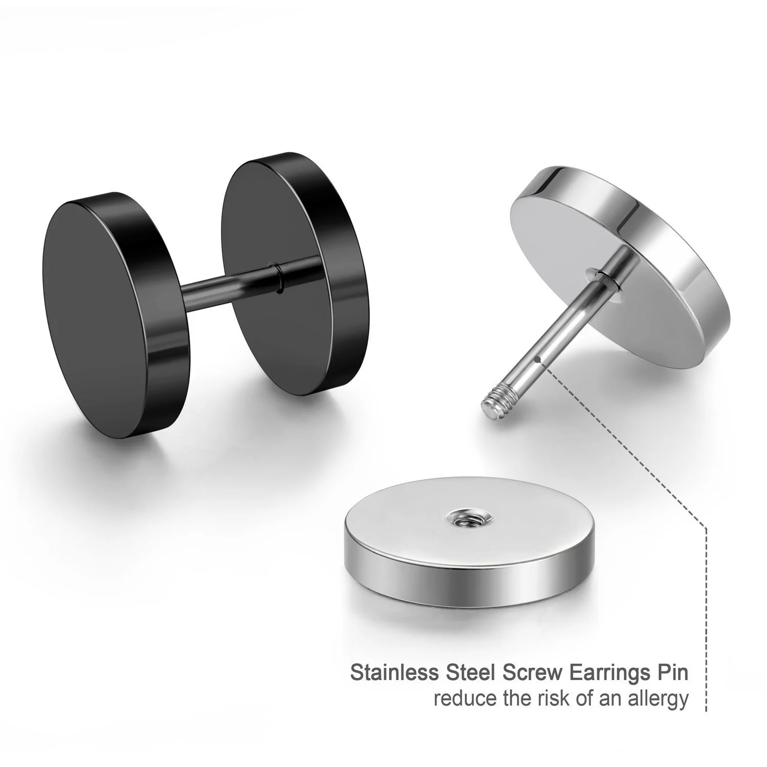 1 Pair Men Women Stainless Steel Dot Circle Disc Flat Back Cheater Tunnel Dumbbell Fake Gauges Plugs Stud Earrings 16G 3-14mm