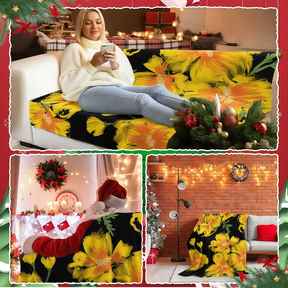 Painterly Yellow Poppies Winter Summer Flannel Blanket Throw Fleece Soft Fuzzy Plush Cozy Fleece Blankets for Sofa Ideal Gifts
