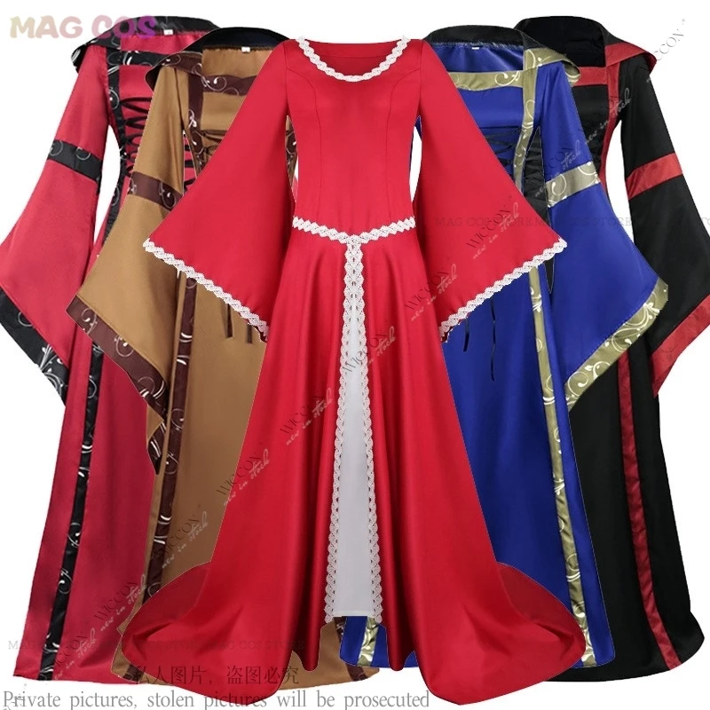 Mid-century Vintage Hooded Dress With Square Collar And Flared Sleeves Red Black Blue Witch Sorceress Carnival Stage Costume