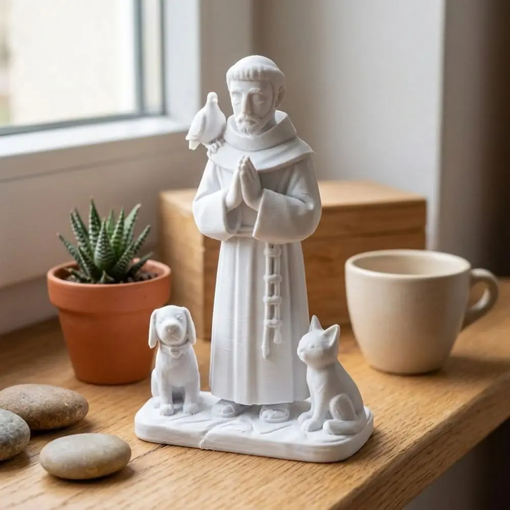 3D Printed Saint Francis Statue Praying Hand Pose Catholic Theme Religious Saint Figurine Plastic Sacred St Francis Sculpture
