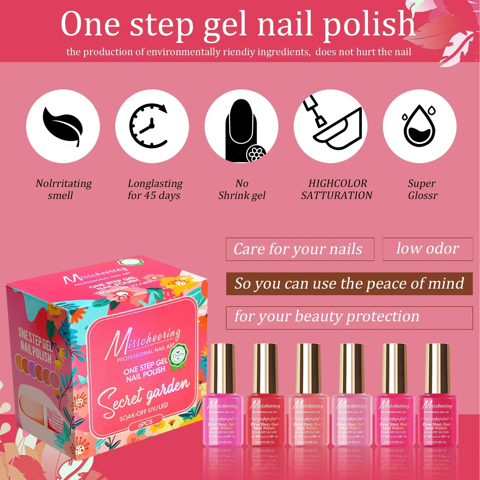 Ensemble de vernis à ongles semi-continu avec base et couche de finition, vernis gel UV LED Soak Off, manucure et nail art, 15ml, 6 pièces par boîte