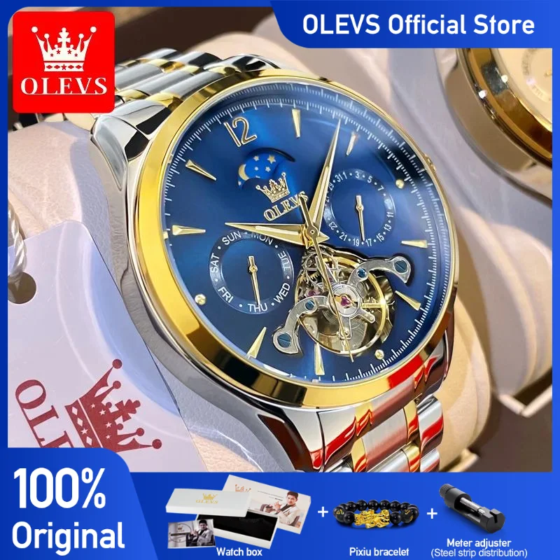 OLEVS Men\'s Watches Top Brand Original Automatic Mechanical Wristwatch Waterproof Luminous Watch for Man Week Date Moon Phase