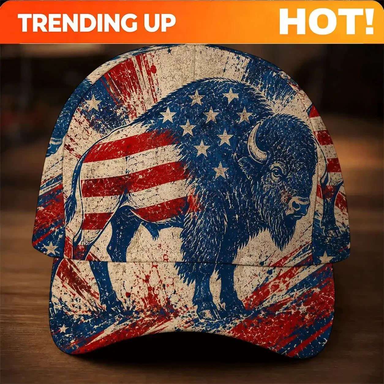 Customization Hats Vintage American Flag Bison Pattern Adjustable Trucker Hat, Breathable Comfortable Baseball Cap For Men, Outd