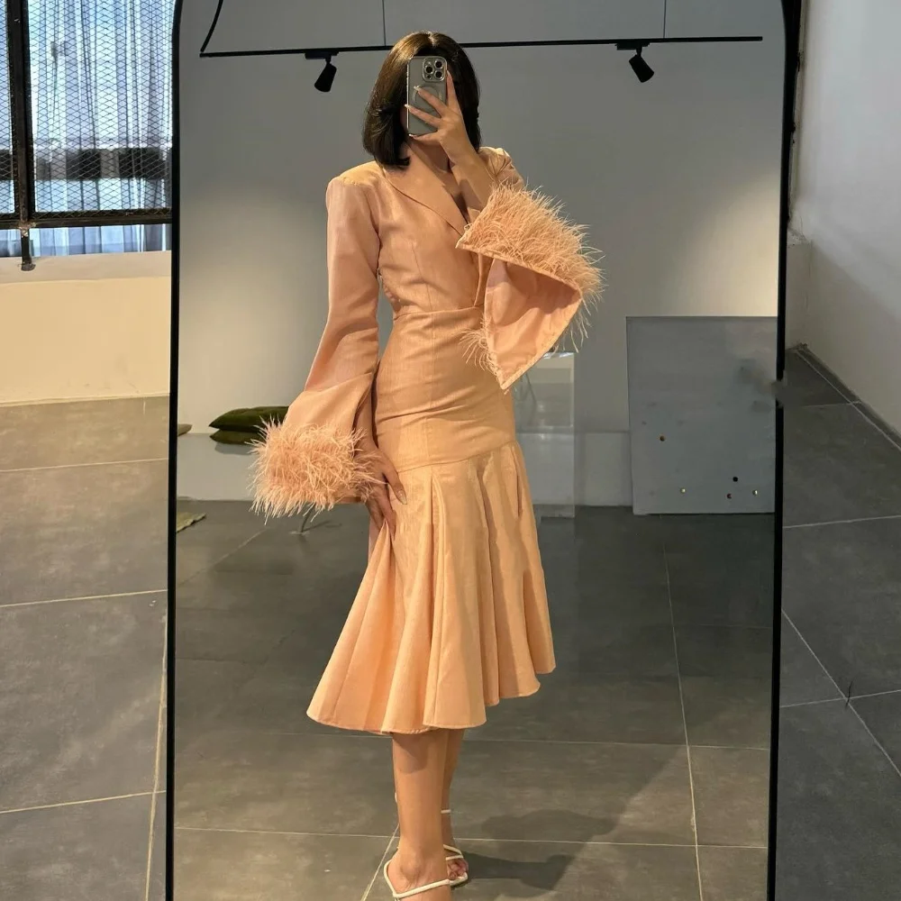 Customized Formal Fashion Jersey Feather Pleat Draped A-line V-neck Midi Dresses Evening Dresses High Quality Sizes Available Ma