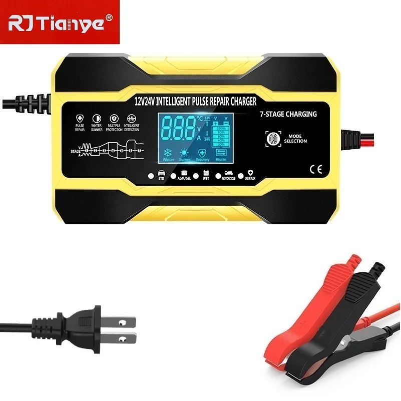 

US plug 12V10A/24V5A Car Battery Charger Touch Screen Pulse Repair Digital LCD Display Smart Fast for Car Motorcycle