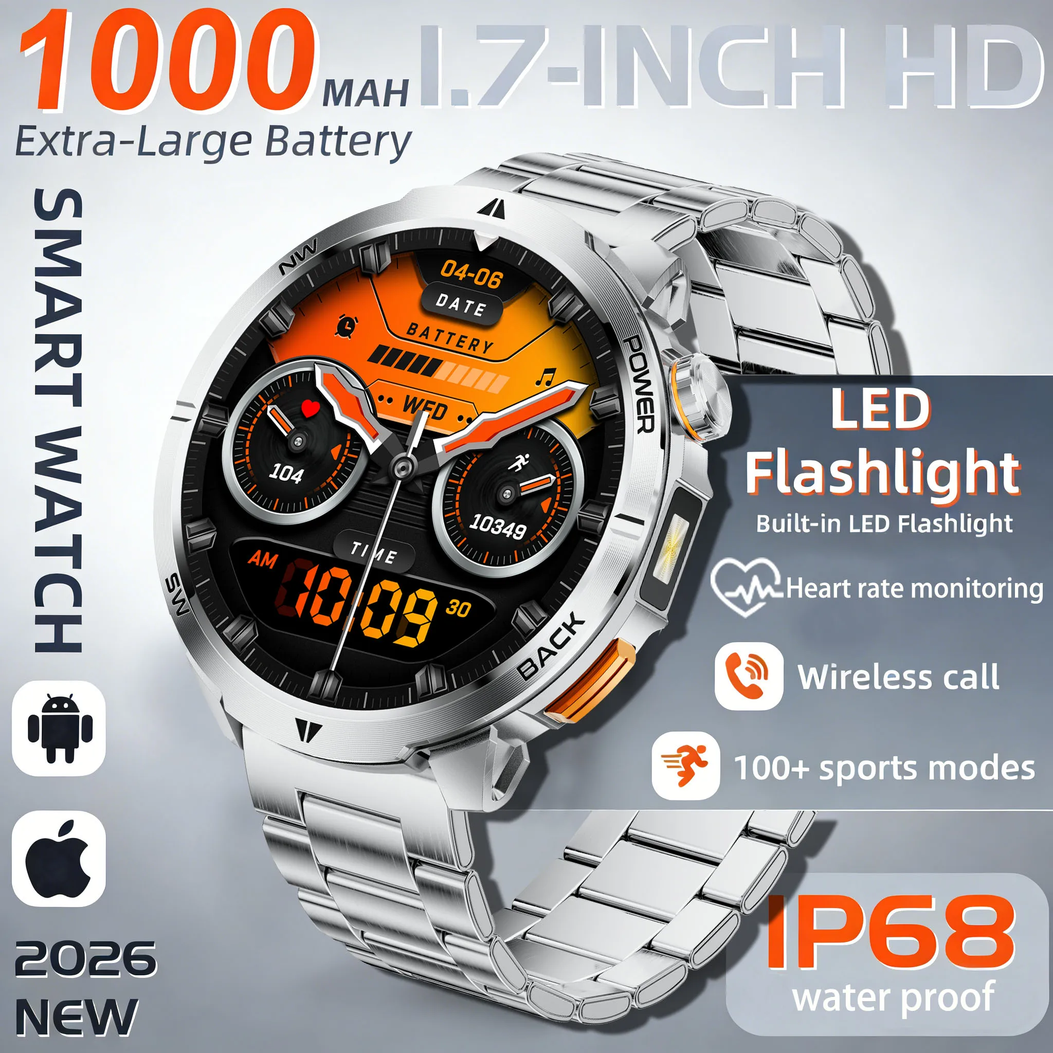 

2026 New hot MT68 Smart Watch LED Light Flashlight BT Calling Men Outdoor Sport Fitness Tracker Smartwatch 1000mah Large Battery