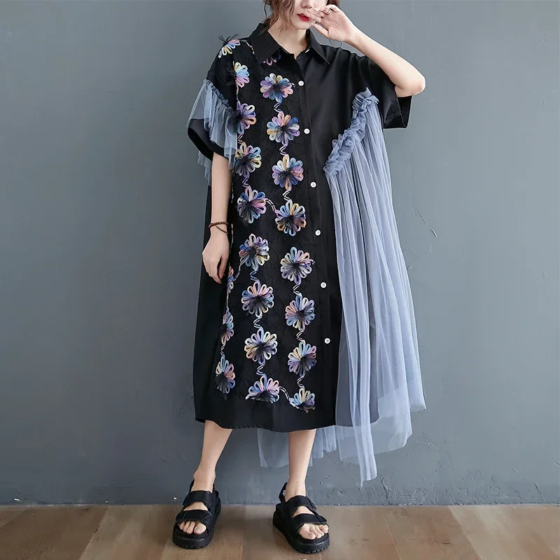 

Summer Asymmetrical 3D Flower Spliced Mesh Shirt Dress Women Korean Style Short Sleeve Front Buttons Casual Loose Midi Dresses