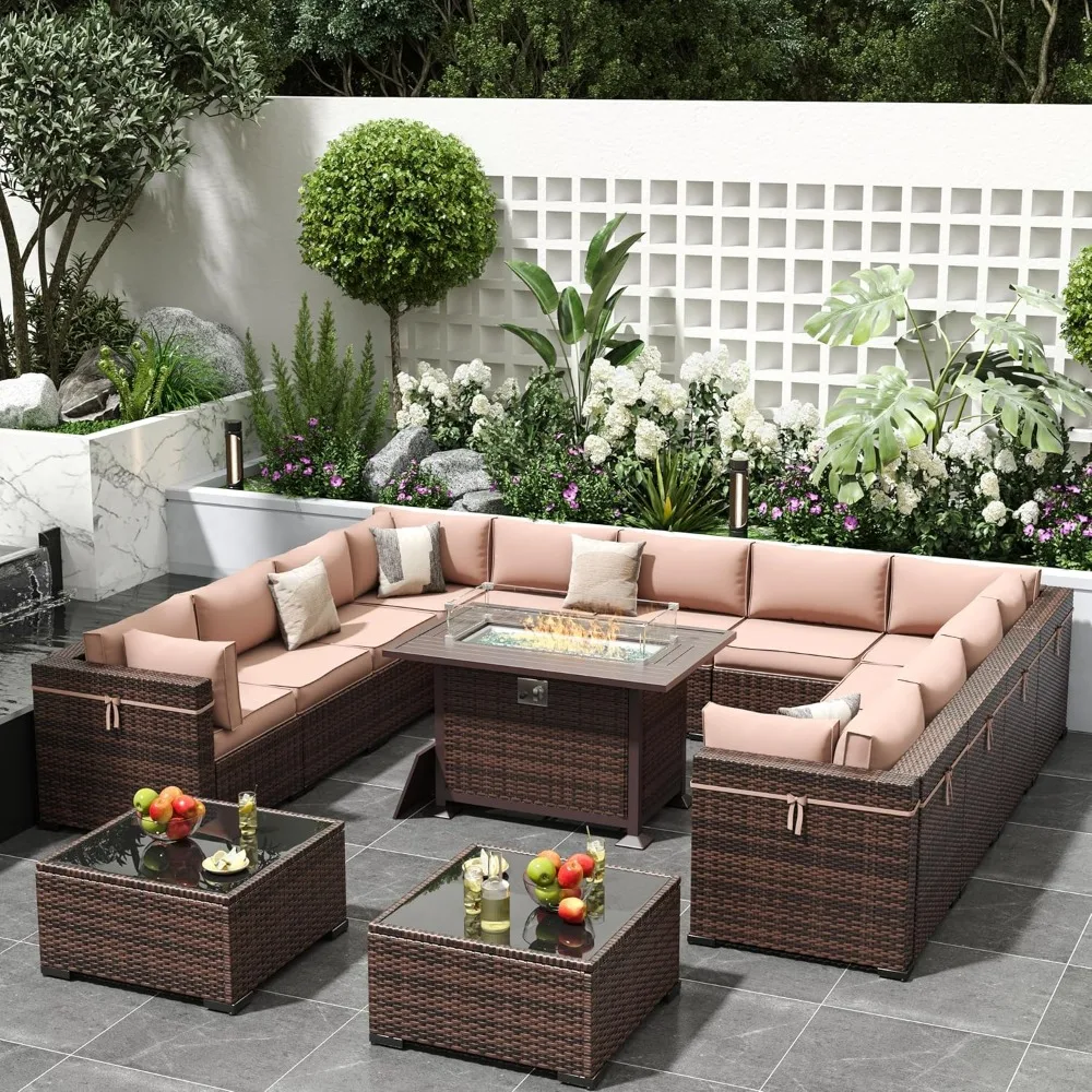 

Outdoor Patio Furniture Set with Gas Fire Pit Table, 15 Pieces Patio PE Wicker Pit Sectional Sofa