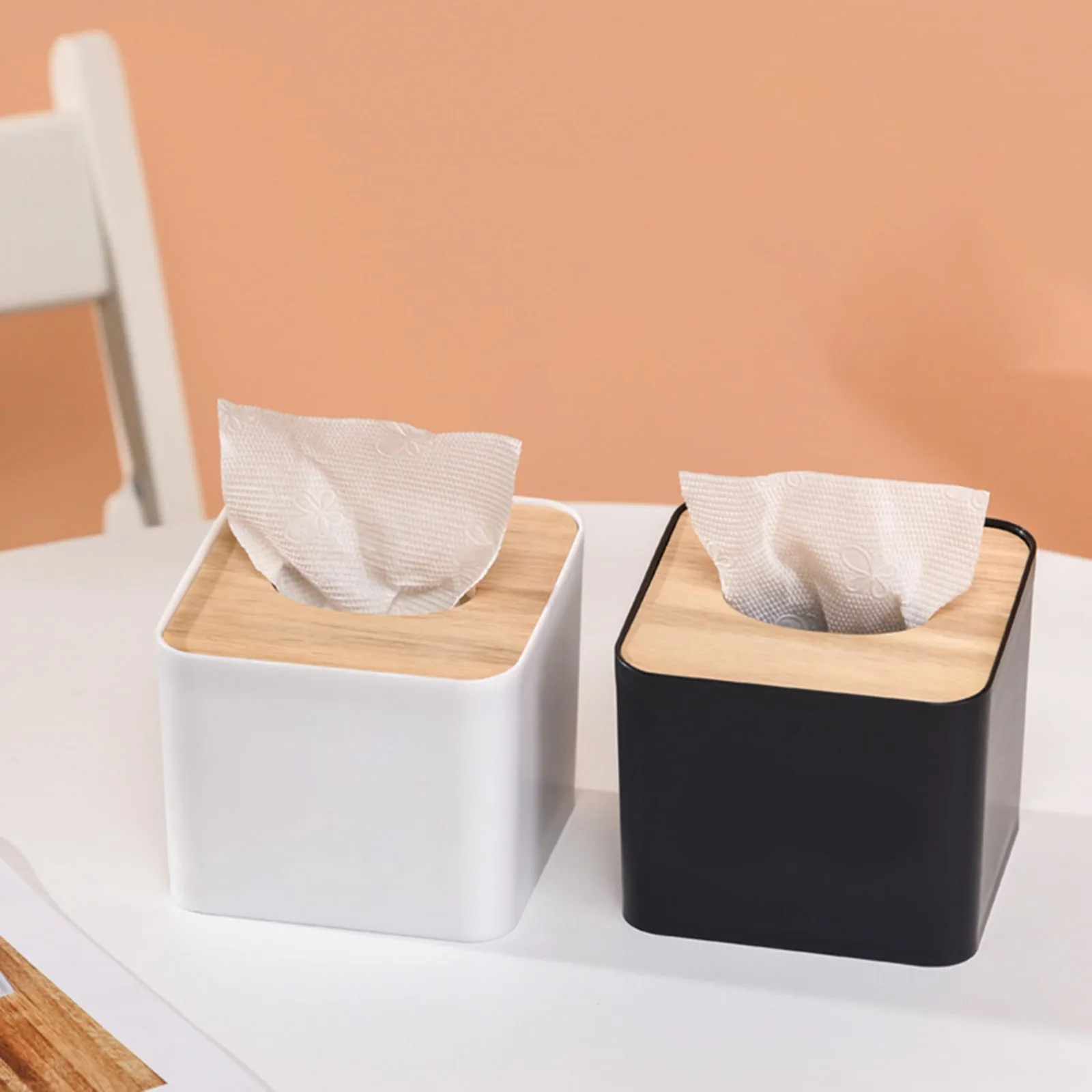 Plastic Tissue Box Wooden Lid Square Napkin Holder Container Wet Tissue Paper Dispenser Case Modern Home Car Tissue Organizer - view 3
