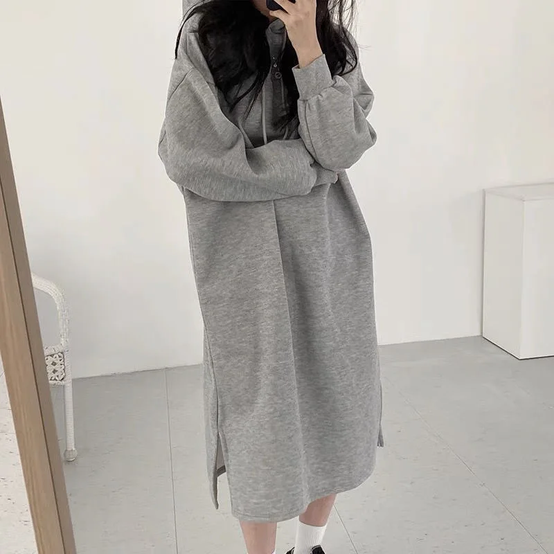 Korean Split Hoodies Grey Dress For Women Autumn Winter Simple Lazy Style Drawstring Hooded Long Sleeve Length Vestidos