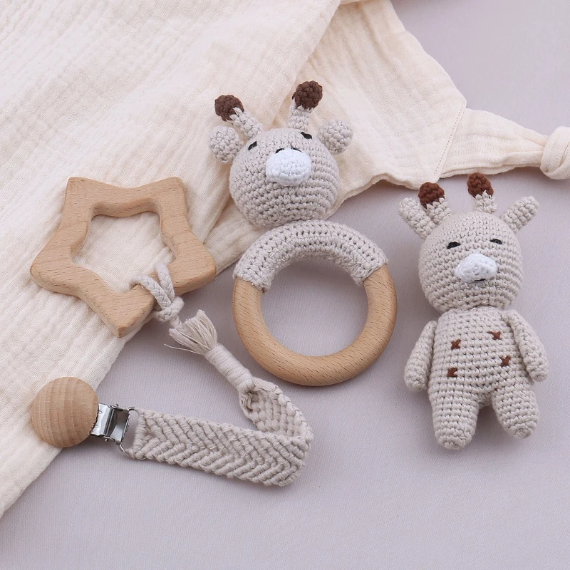 4 Teile/satz Baby Zahnen Spielzeug Set mit Holz Rassel Ring Armband Schnuller Clip