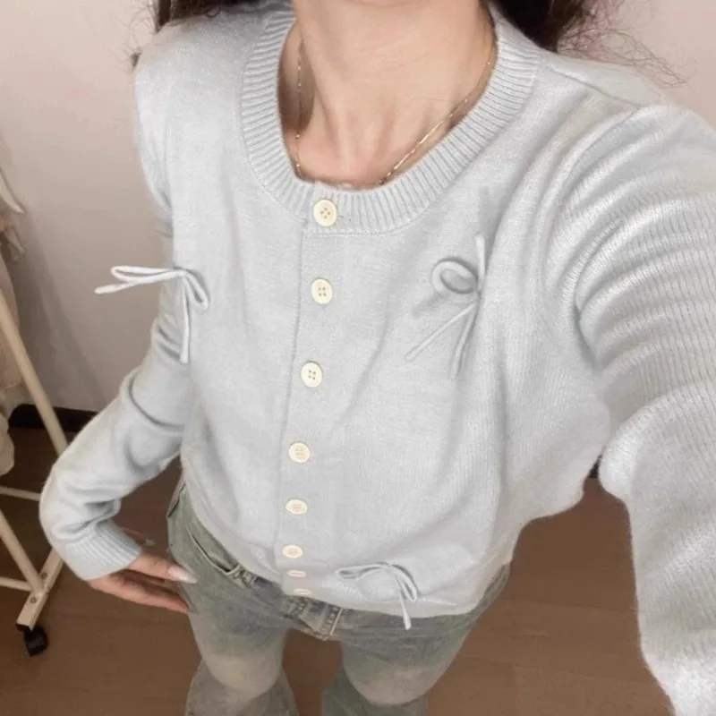 

Matakawa Sweet Bows Cardigans Solid Spring Autumn Korean Fashion Woman Sweaters Simple Chic Elegant Buttons Sueter Mujer
