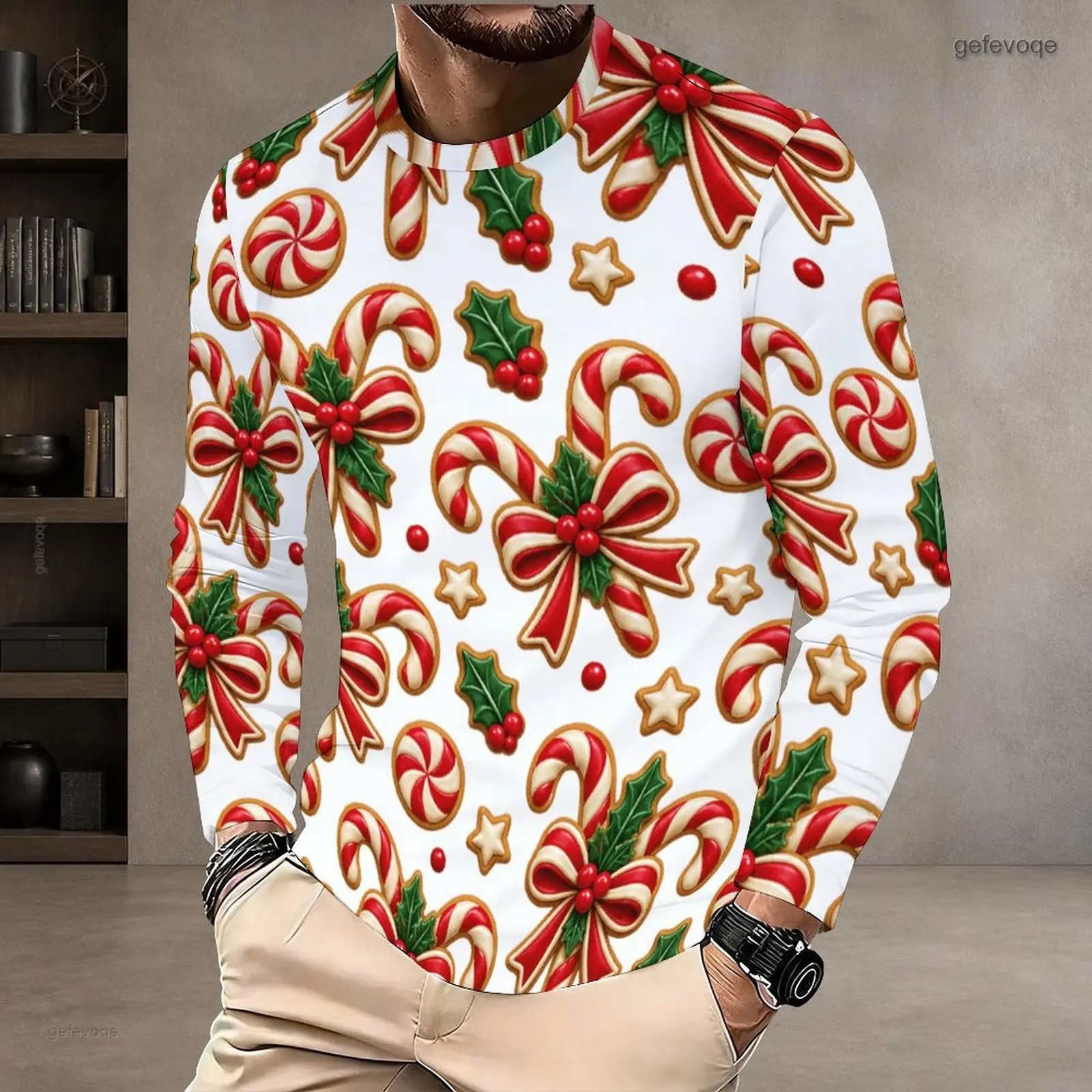 Men Round Neck Long Sleeve Printed T-Shirt with Candy Cane Holly Berry Gingerbread Pattern
