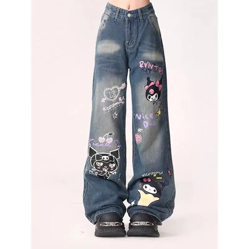 Sanrio Kuromi Cartoon Graffiti Jeans Women High Waist Print Design Pants Y2k Fashion Straight Loose American High Street Trouser