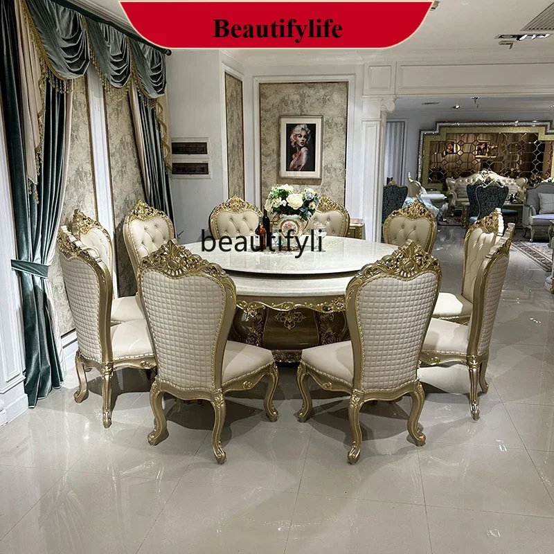 z183  French marble dining table and chair combination, European luxury round dining table with electric turntable