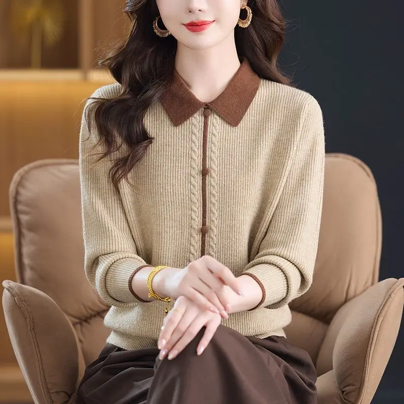 New Knitwear Pulls Femmes Long Sleeve Tops Spring Autumn Lapel Shirt Outerwear Pullover Sweater For Women Knit Woolen Jumper