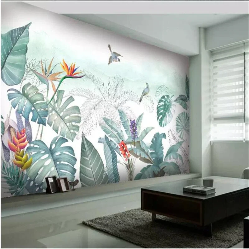 Custom wallpaper 3d murals Nordic hand painted small fresh medieval tropical plants flowers and birds living room bedroom mural