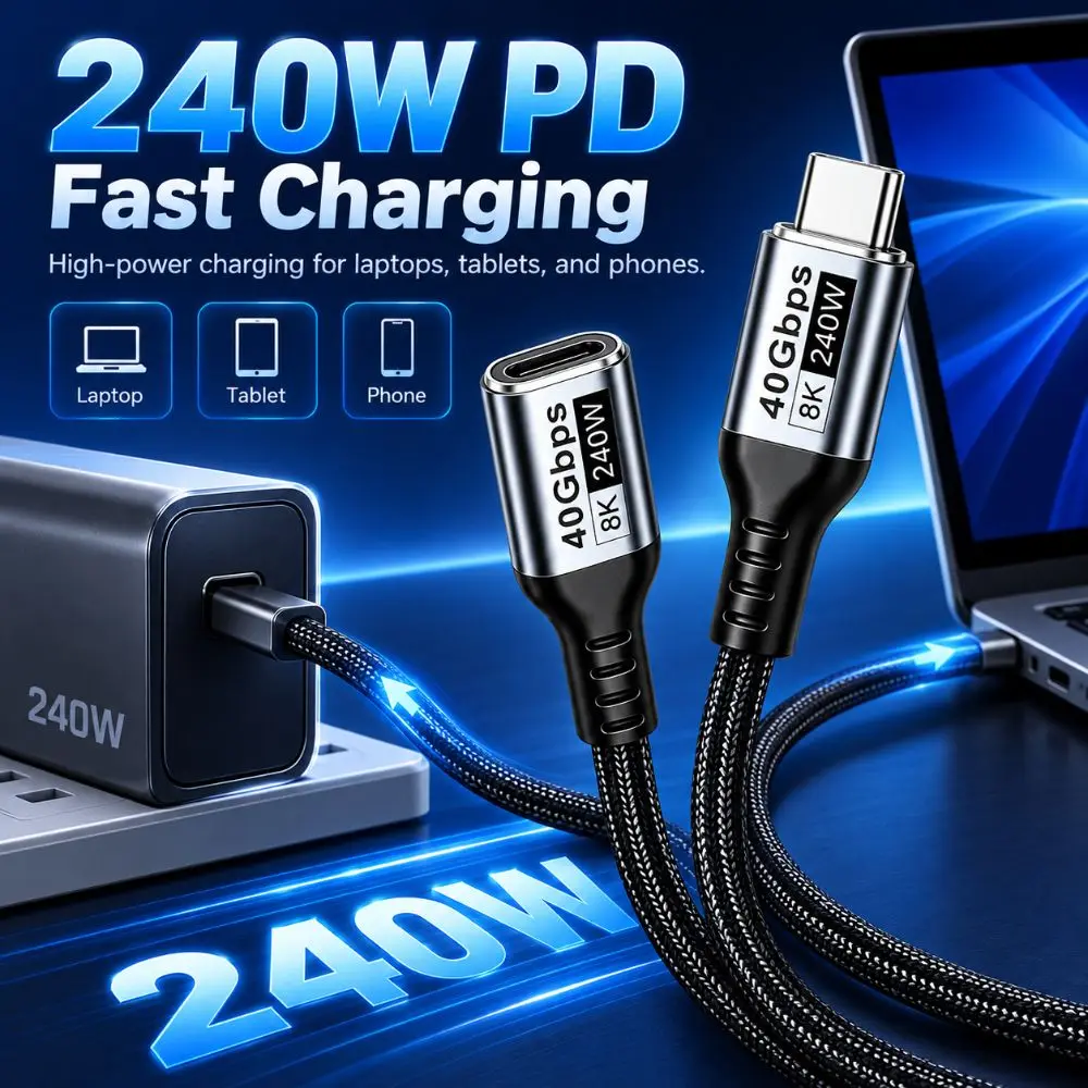 40Gbps USB4 Extension Cable Male to Female 8K@60Hz USB-C Extension Cord 240W PD Bend Resistant Type-C Extender Laptop Connection