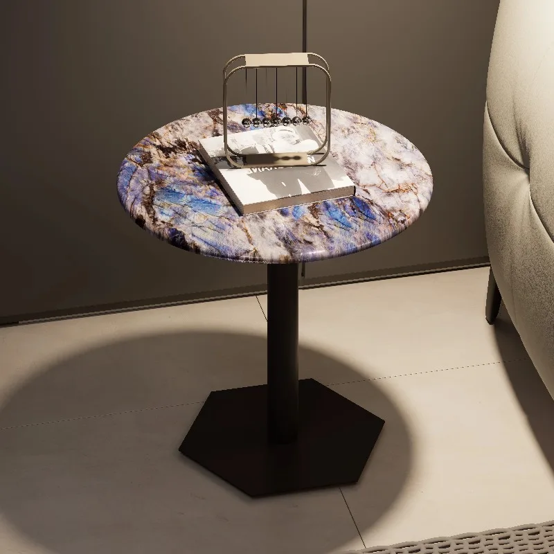 Modern Minimalist Microcrystalline Stone Side Table, Carbon Steel Legs, Sofa End Table, Living Room Accent Furniture