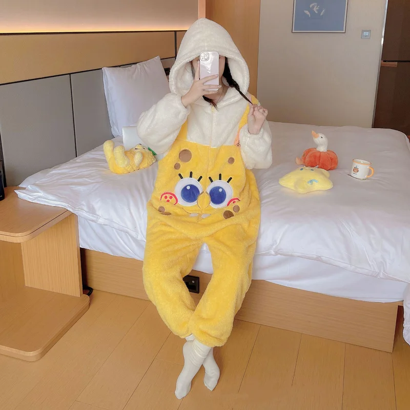 2023 New Cartoon Cute Spongebob Squarepants Coral Plush Pajamas Women\'s Winter Patrick Star Home Plush Thickening Pajamas Set