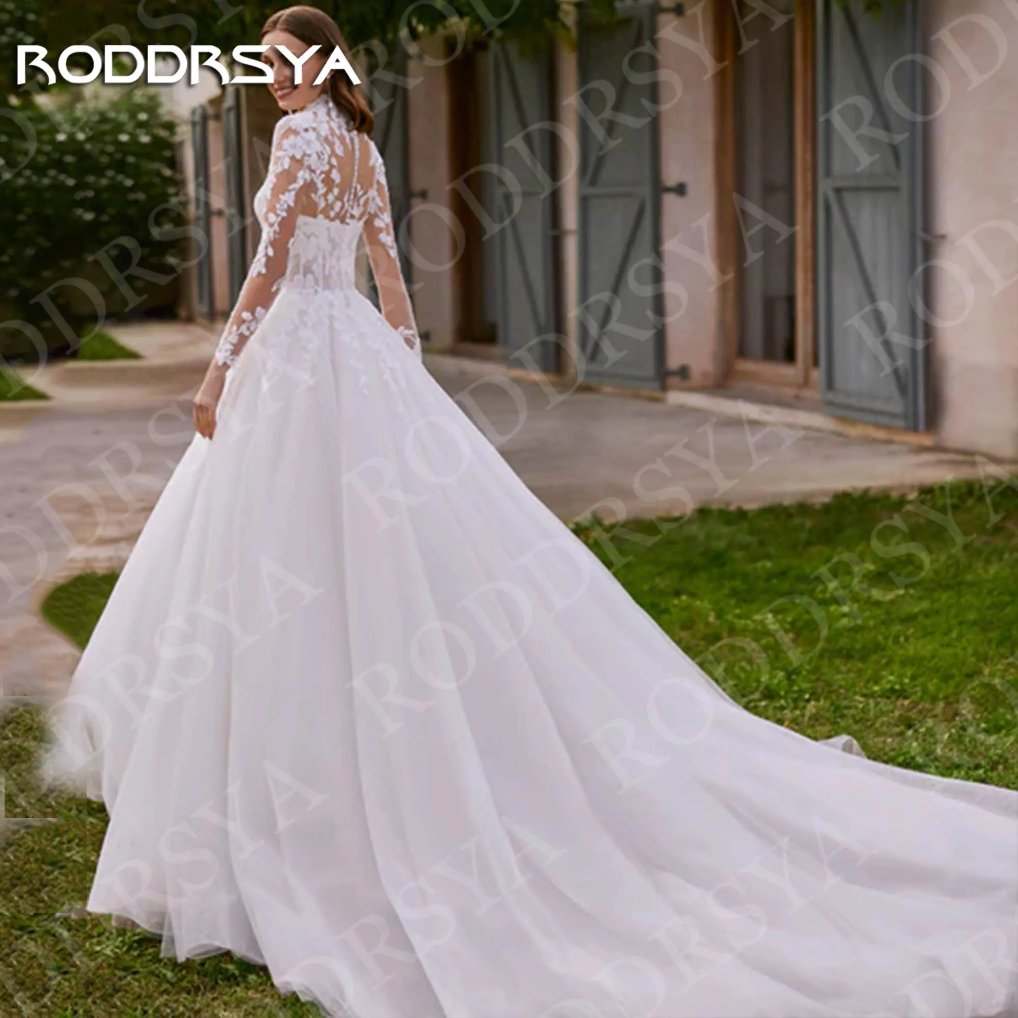 Suknia ślubna RODDRSYA z koronkowym wysokim dekoltem elegancka księżniczka tiulowa z długimi rękawami suknie ślubne szyte na miarę Sukienka ślubna z koronką o wysokiej szyi Księżniczka Eleganckie sukienki ślubne z tyle