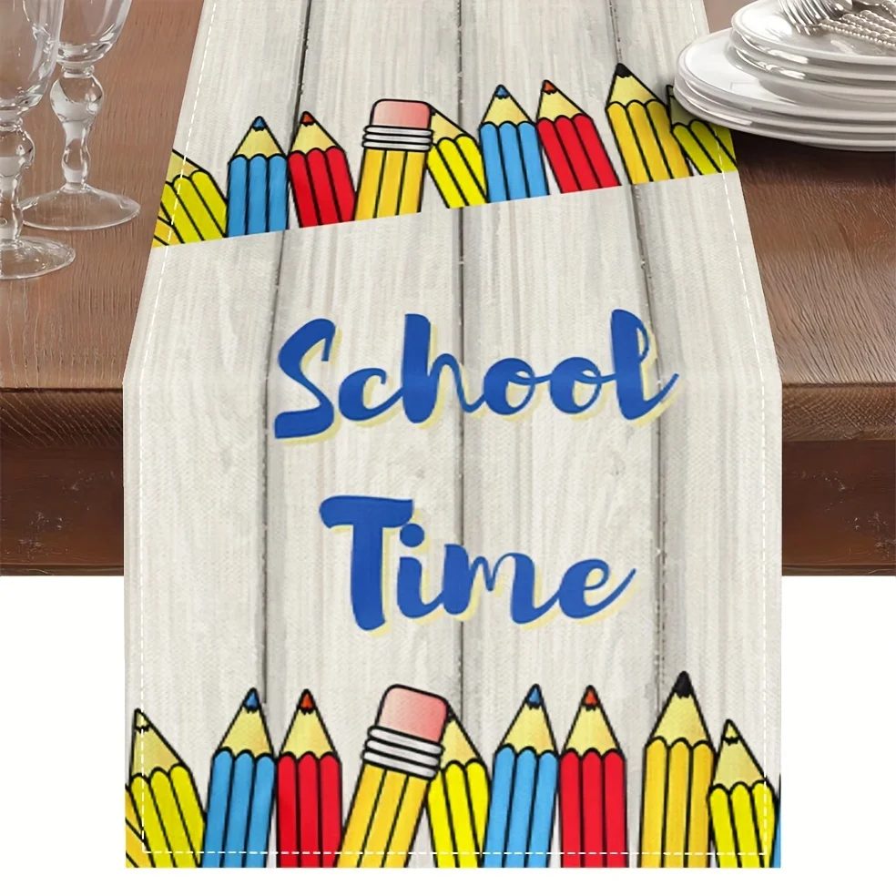 1 Piece Back-To-School Table Runner - Pencil Design - with School Time Table Flag, Suitable for Farmhouse, Indoor, Kitchen, Celebrations, Table Decoration, Restaurant and Banquet Decoration Supplies