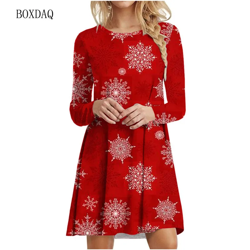 Autumn Winter Long Sleeve Snowflakes Pattern Women Dresses 3D Print Street Christmas Style Ladies Mini Dress 6XL Plus Size