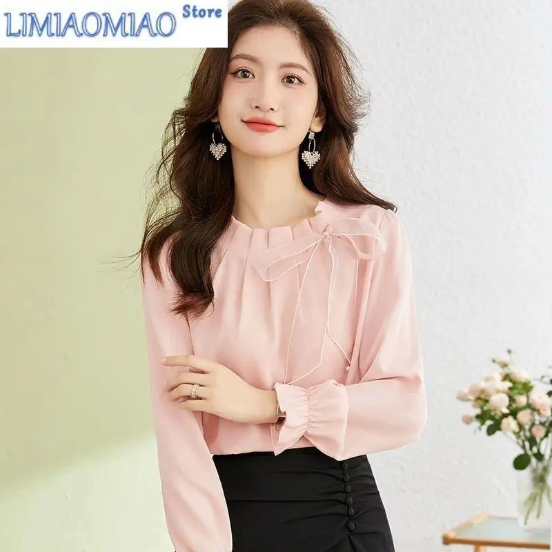 

Повседневная однотонная блузка с бабочкой и бантом, женская блузка с длинным рукавом и круглым вырезом, универсальная плиссированная шифоновая рубашка-пуловер