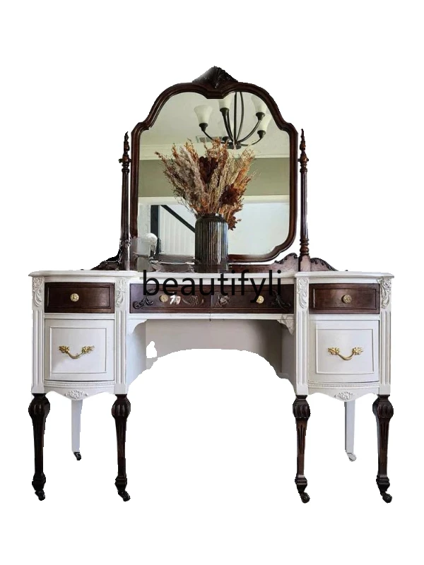 

Retro old solid wood dresser neoclassical multi-functional makeup table with mirror