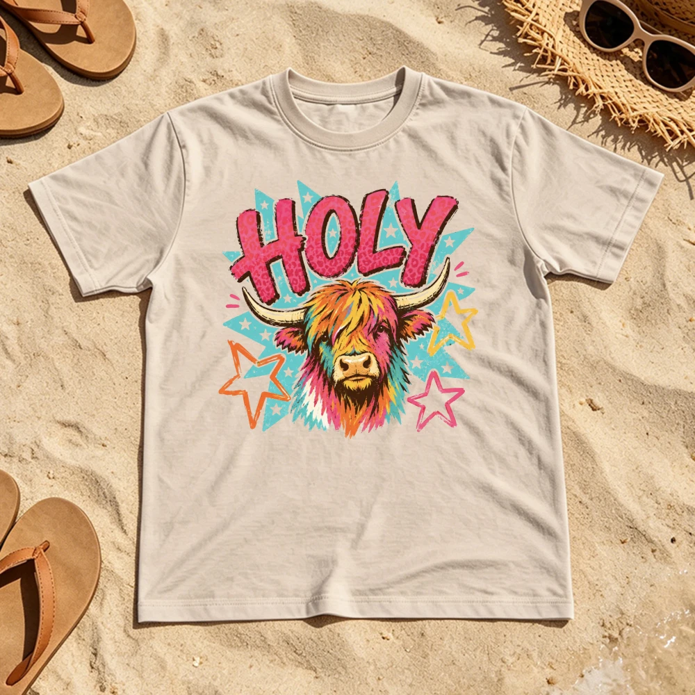 Holy Colorful Highland Cow Leopard Letter Star Graphic Tees Retro Western Country Short Sleeve Women Aesthetic Daily Holiday Top