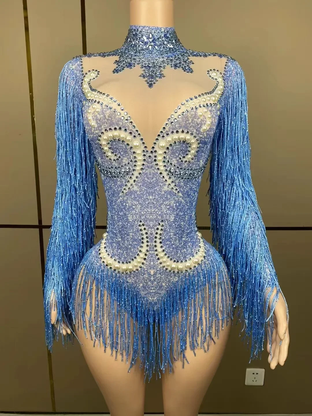 

stretch slim skirt fringe flash small diamond pearl design suit Stage Latin dance cha-cha dance practice suit