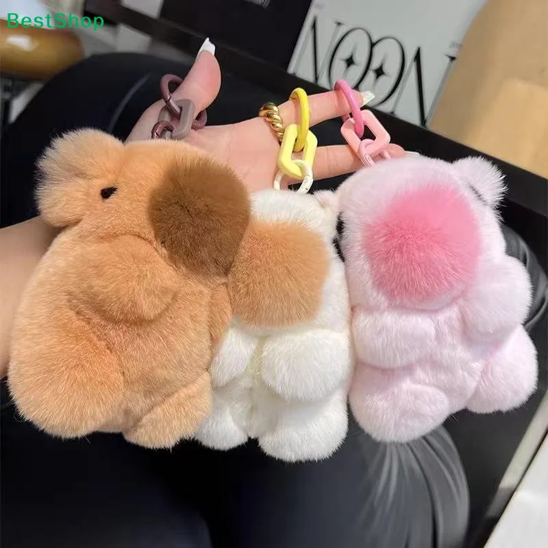 ☭Cute Fluffy Capybara Keychain,Plush Faux Fur Bag Charm with Colorful Chain,Kawaii Animal Key Ring