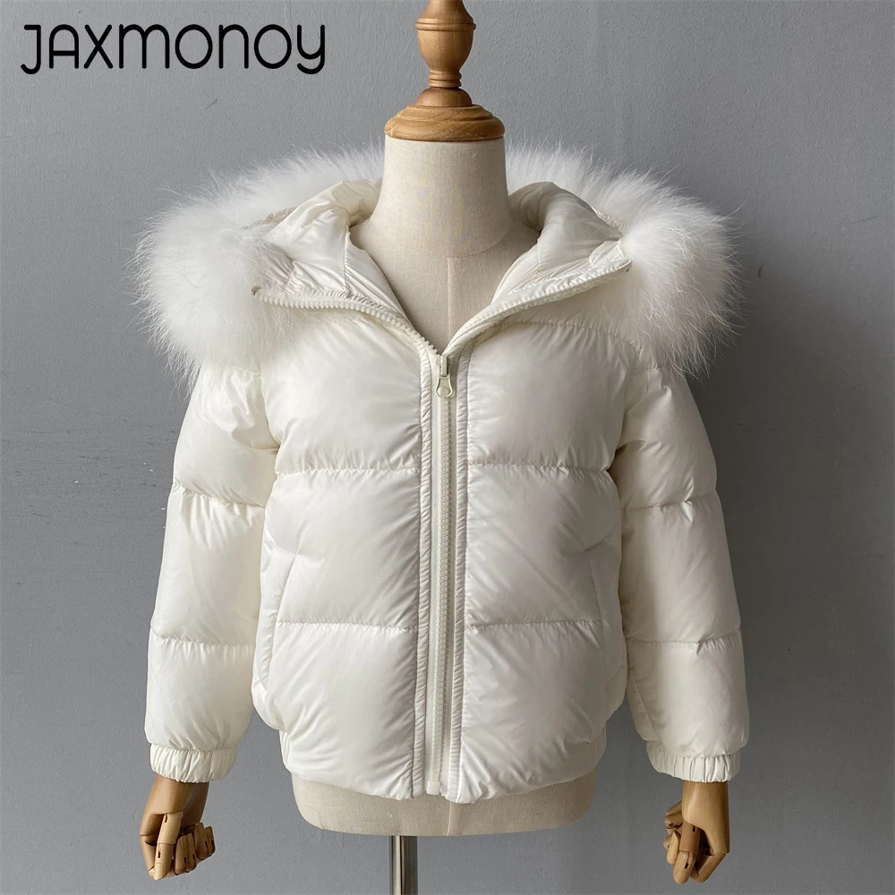 Jaxmonoy-Jaqueta monocromática com capuz para bebê, pato branco, gola de pele real, roupa de exterior infantil, casaco de menino e menina, novo, inverno