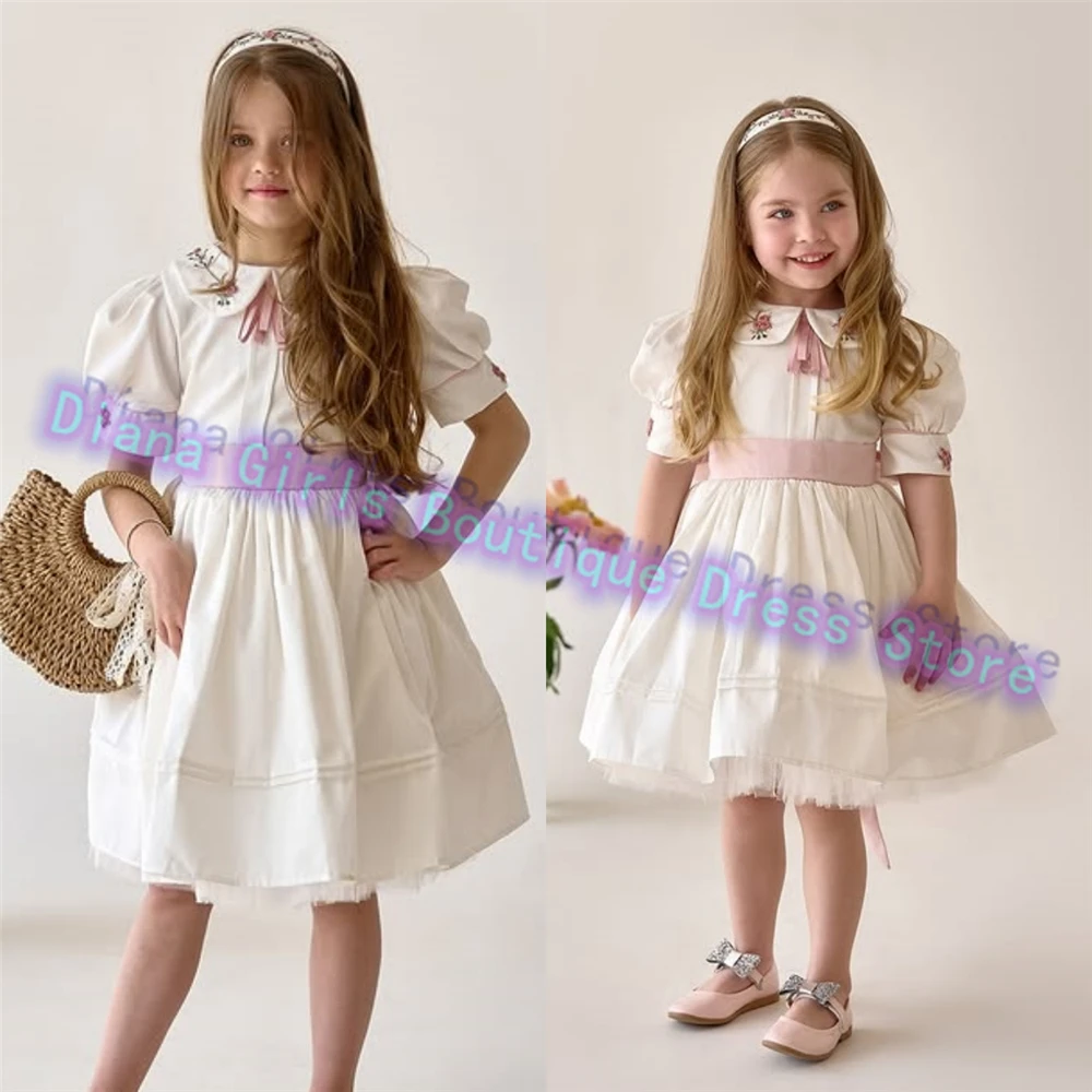 Lovely White Flower Girls Dress Exquisite Applique Satin Fluffy Pink Bow Belt For Wedding Ball Birthday Party Evening Gowns